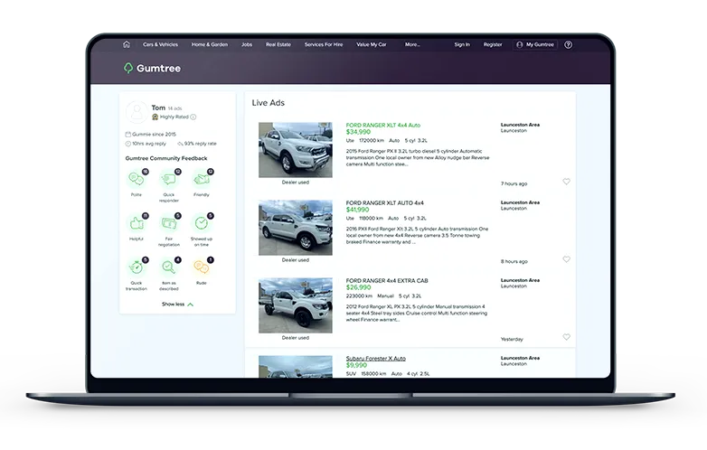 Laptop showing Gumtree vehicle listings